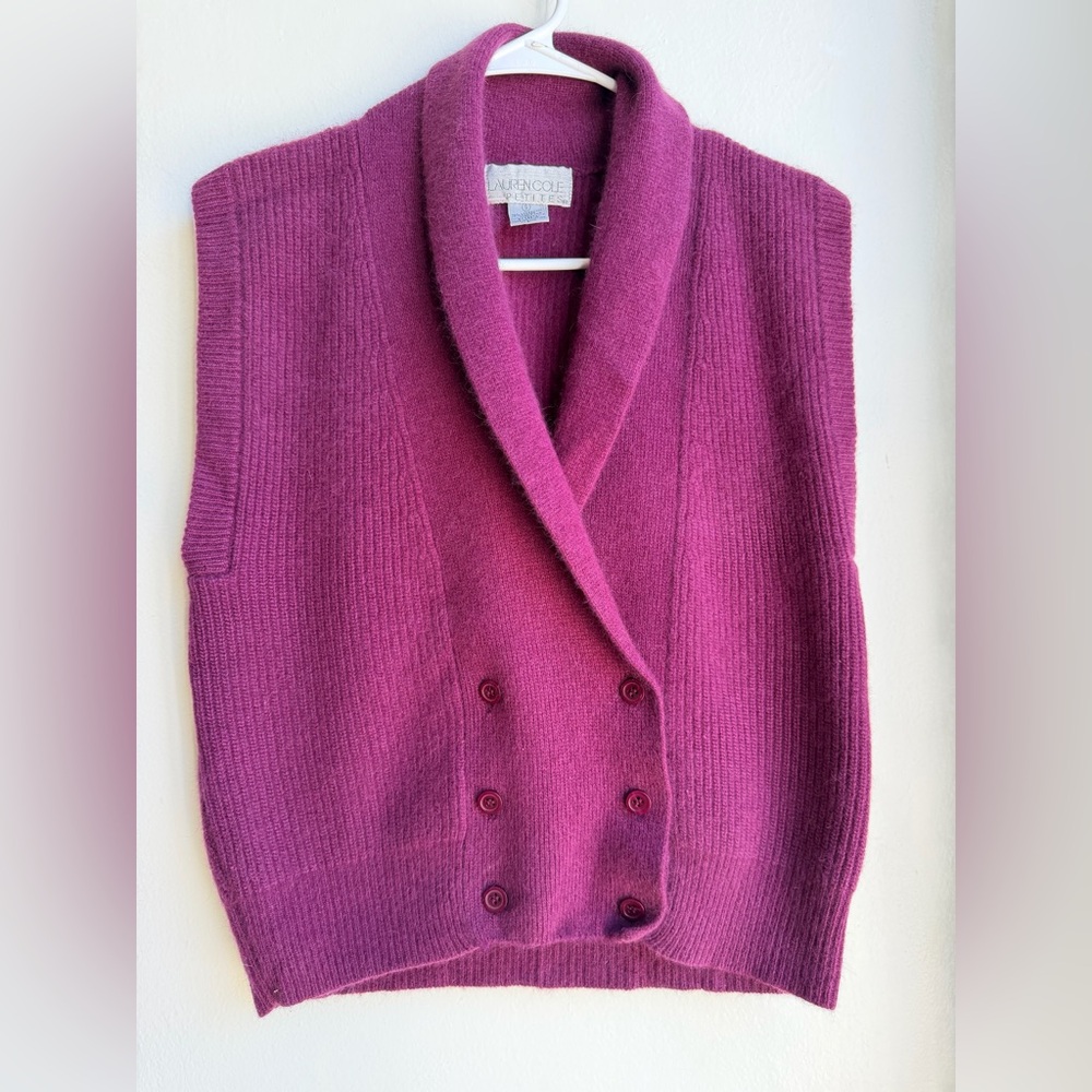 Lauren Cole Petites S Purple Shawl Collar Knit Vest Lambswool Angora
